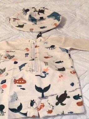 NWOT Babies Sea life print swimsuit with hat